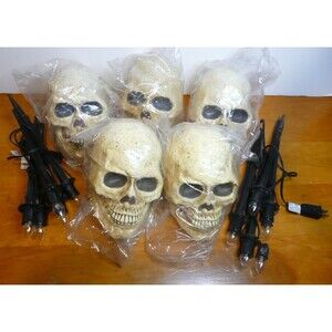 Halloween Skull Lawn Stakes 5 Light Up Path Markers Blow Mold Outdoor Decor
